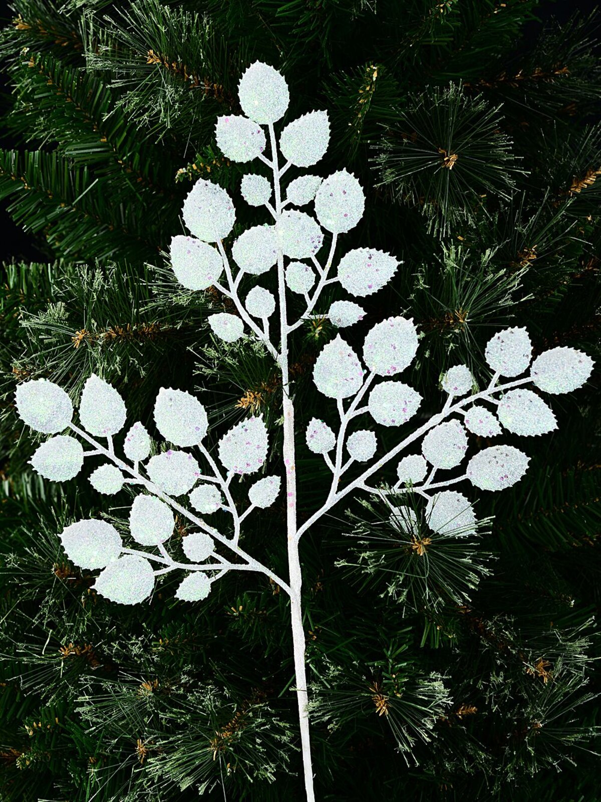 White & Iridescent Glitter Holly Leaf Look Long Christmas Stem | 47cm — image 2