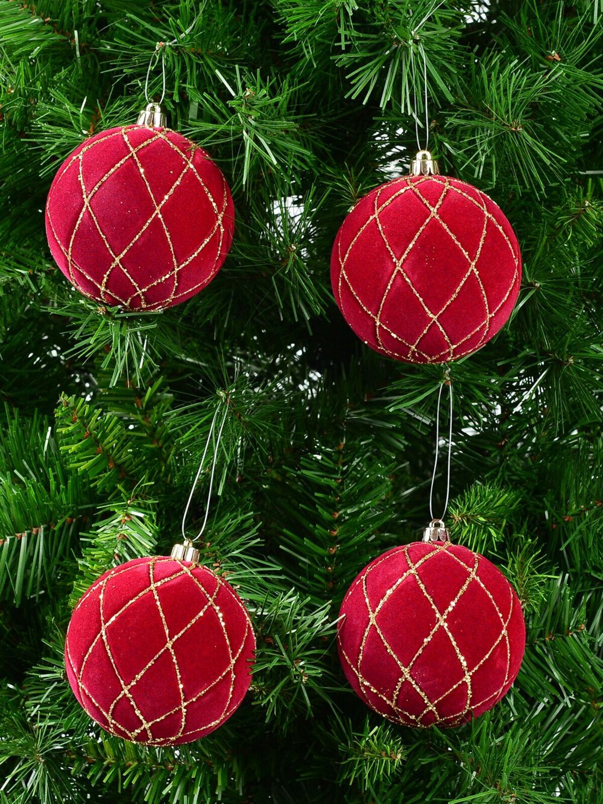 4x 10cm Burgundy Velvet Baubles With Diamond Pattern Gold Sequin Lines — image 2