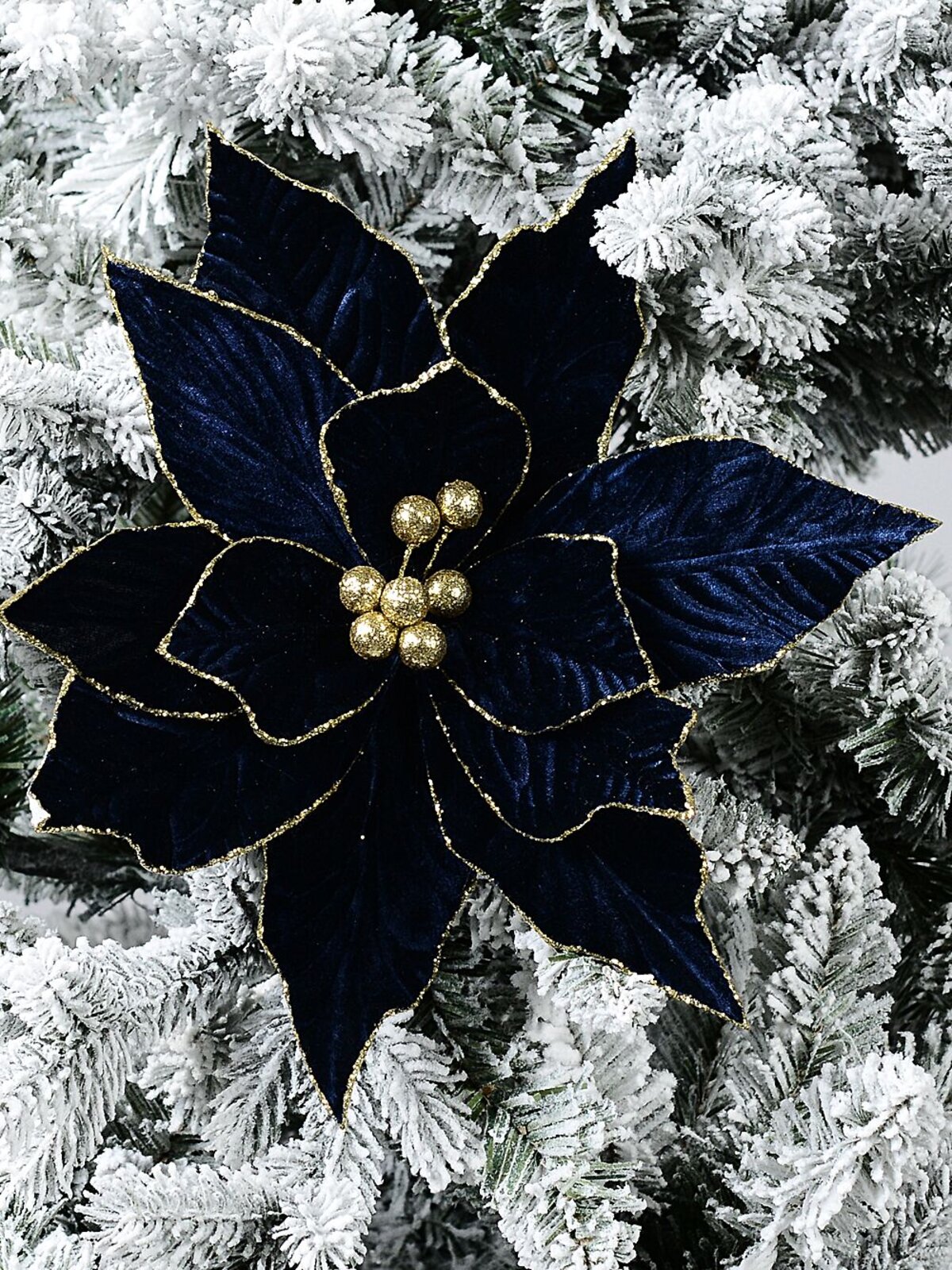 Royal Blue Velvet & Gold Poinsettia Long Christmas Stem | 54cm — image 2