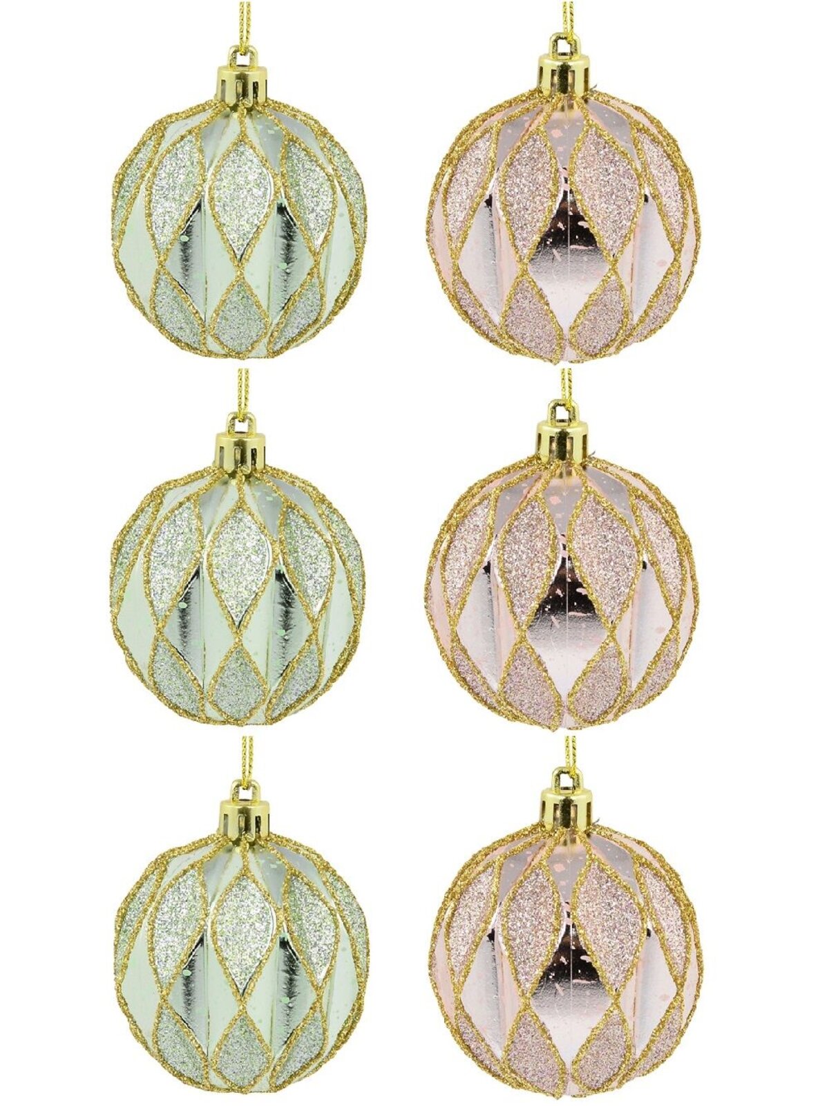 6x 60mm Light Pink & Green Geometric Shiny & Glitter Christmas Baubles — image 3