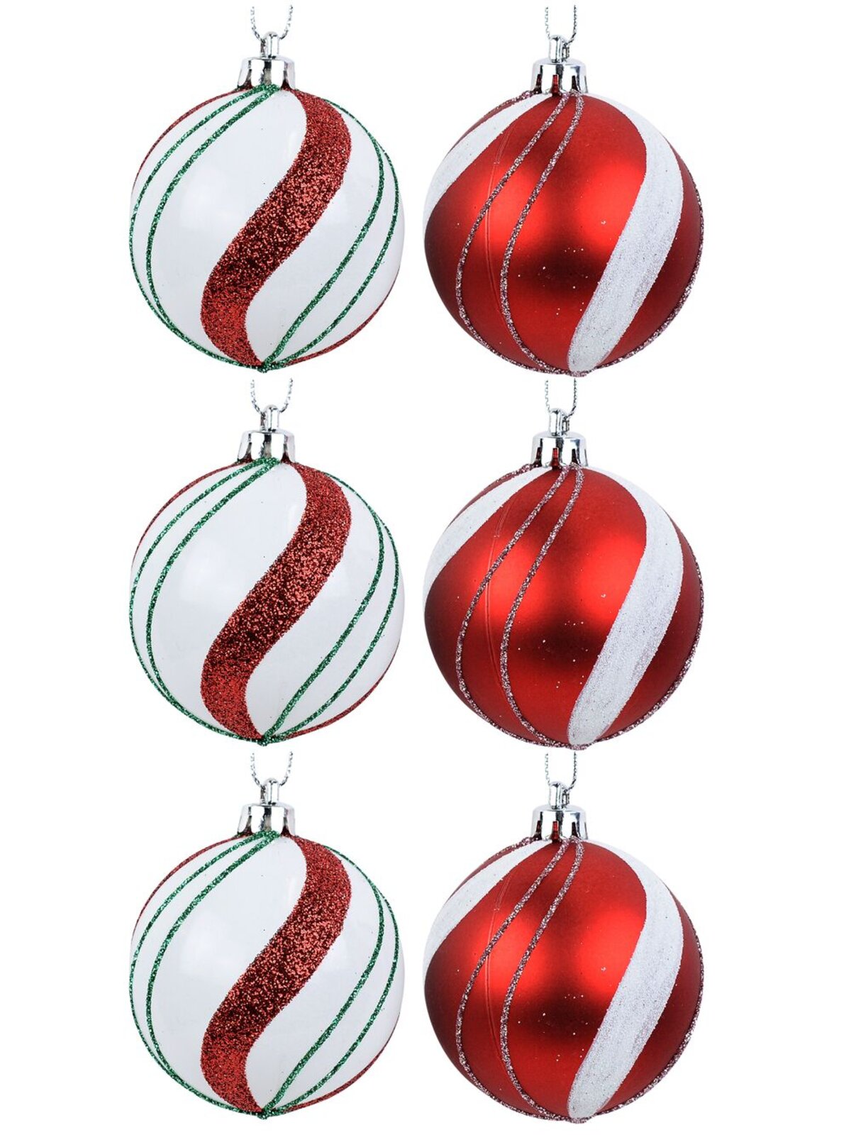 6x Dynamic Red & White Essential Candy Swirl Glitter Baubles | 60mm — image 3