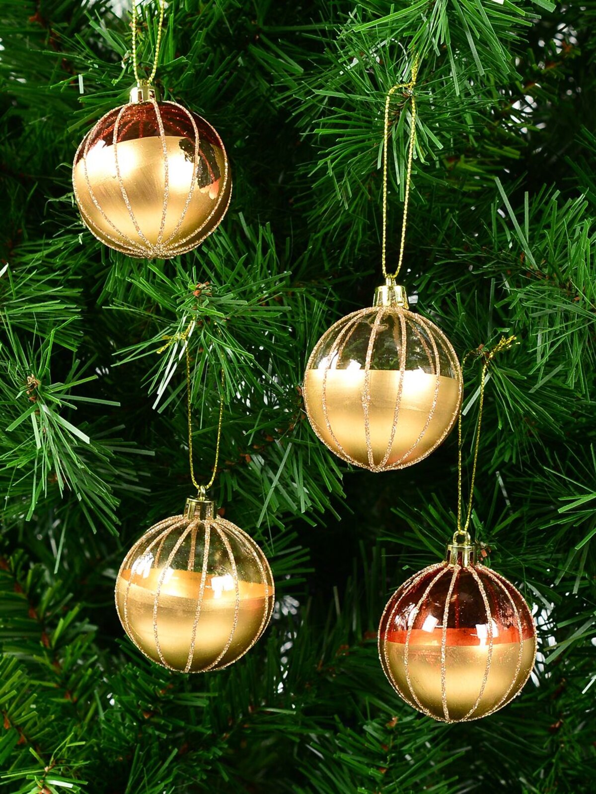 6x Timeless Gold Rose Gold & Clear Essential Glitter Striped Ball Bauble | 60mm — image 2