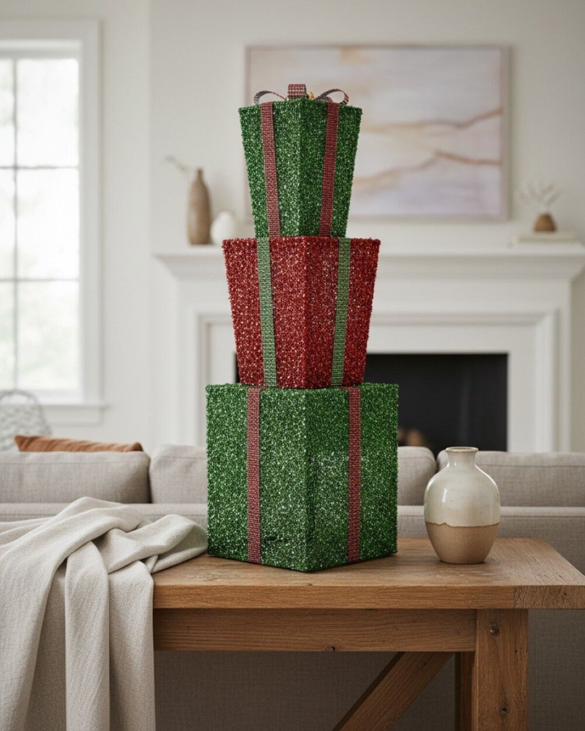 Tiered Green & Red Layered Tinsel Gift Boxes Large Display Decoration | 70cm — image 4