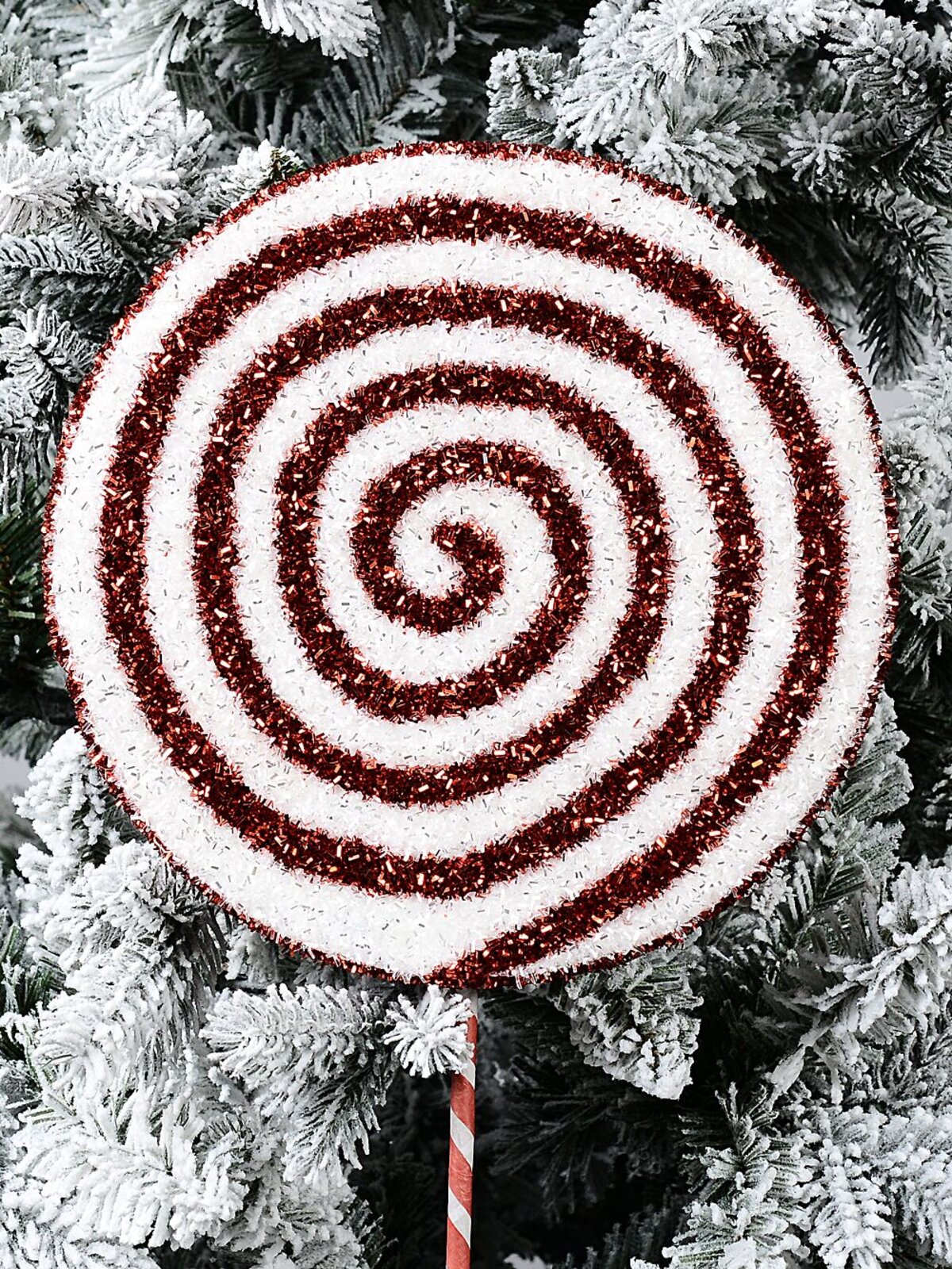 Red & White Spiral Metallic Tinsel Plaque Long Christmas Stem | 71cm — image 2