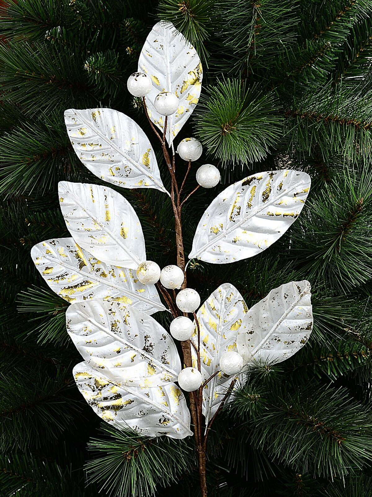 White & Gold Magnolia Leaf & Berry Spray Long Christmas Stem | 78cm — image 3
