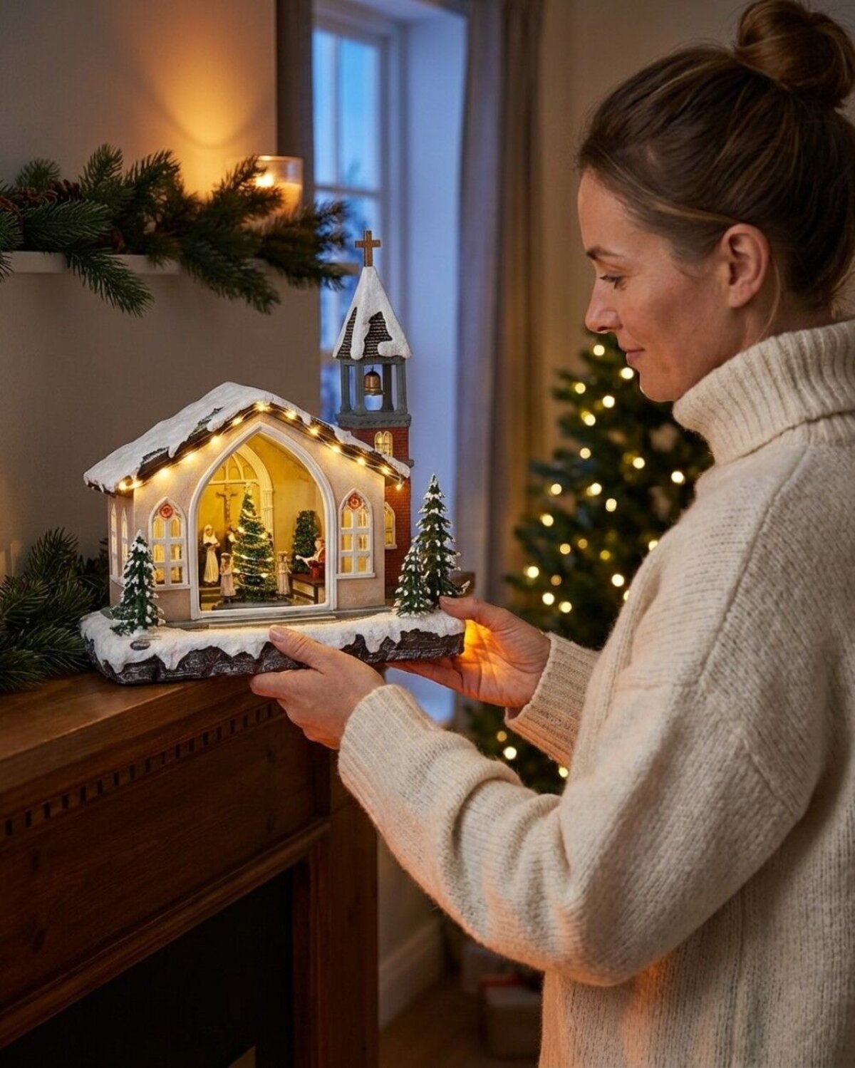 Animated Musical Vigil Of The Nativity Church With LED Rotating Tree | 35cm — image 4