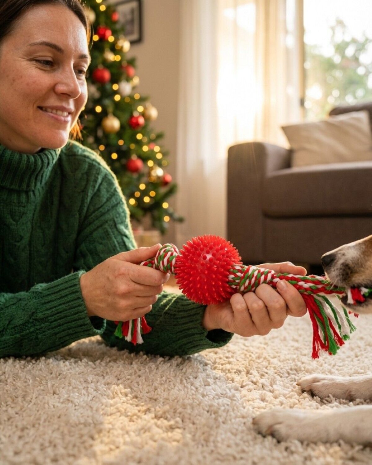 Assorted Red Or Green Spiky Ball Dog Toy with Tug Rope | Festive Pet Play — image 2