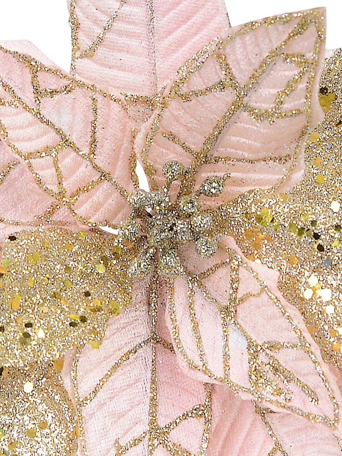 Blush Pink Poinsettia Pick With Gold Glitter Detail & Clip - 25cm