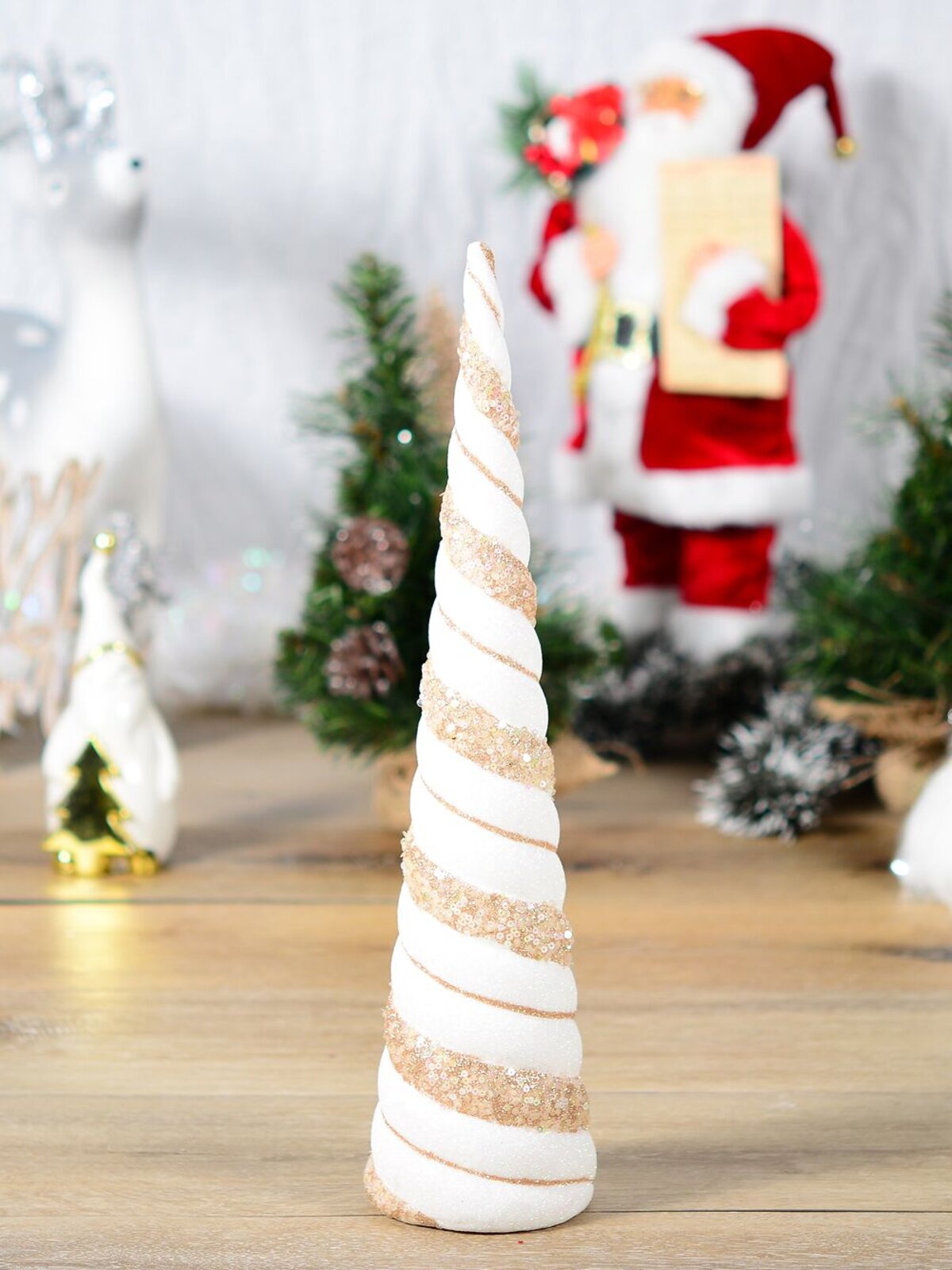 Champagne & White With Glitter & Sequins Conical Shape Table Top Tree - 43cm — image 4