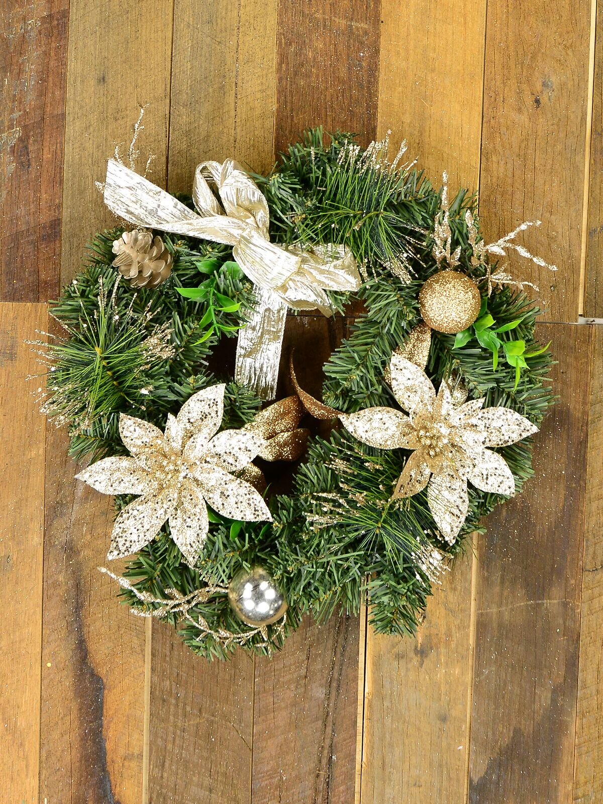 Decorated Gold & Champagne Mixed Foliage & Floral Pine Wreath - 40cm — image 2