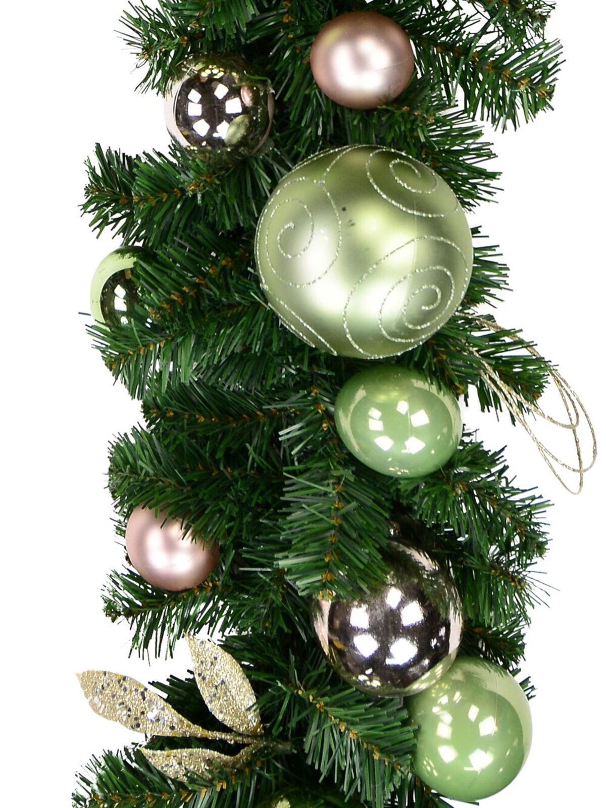 Decorated Pink & Mint Baubles, Whisker Loops & Leaf Stem Pine Garland - 2.7m