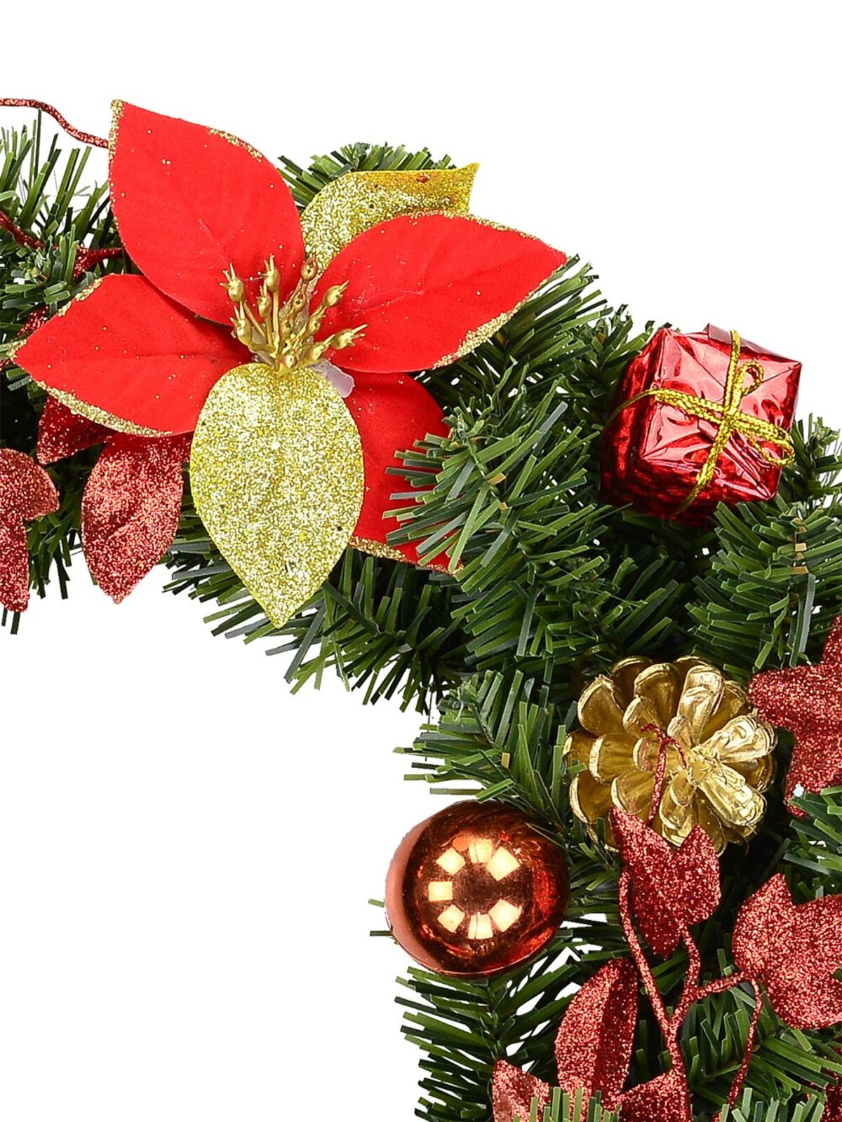 Decorated Red, Green & Gold Mixed Foliage & Floral Pine Wreath - 35cm
