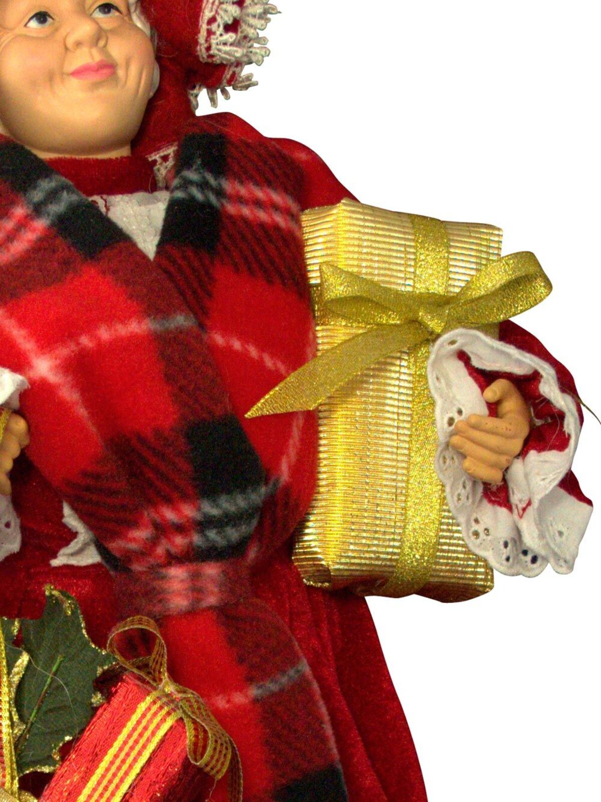 Decorative Mrs Claus With Tartan Shawl & Gifts - 46cm