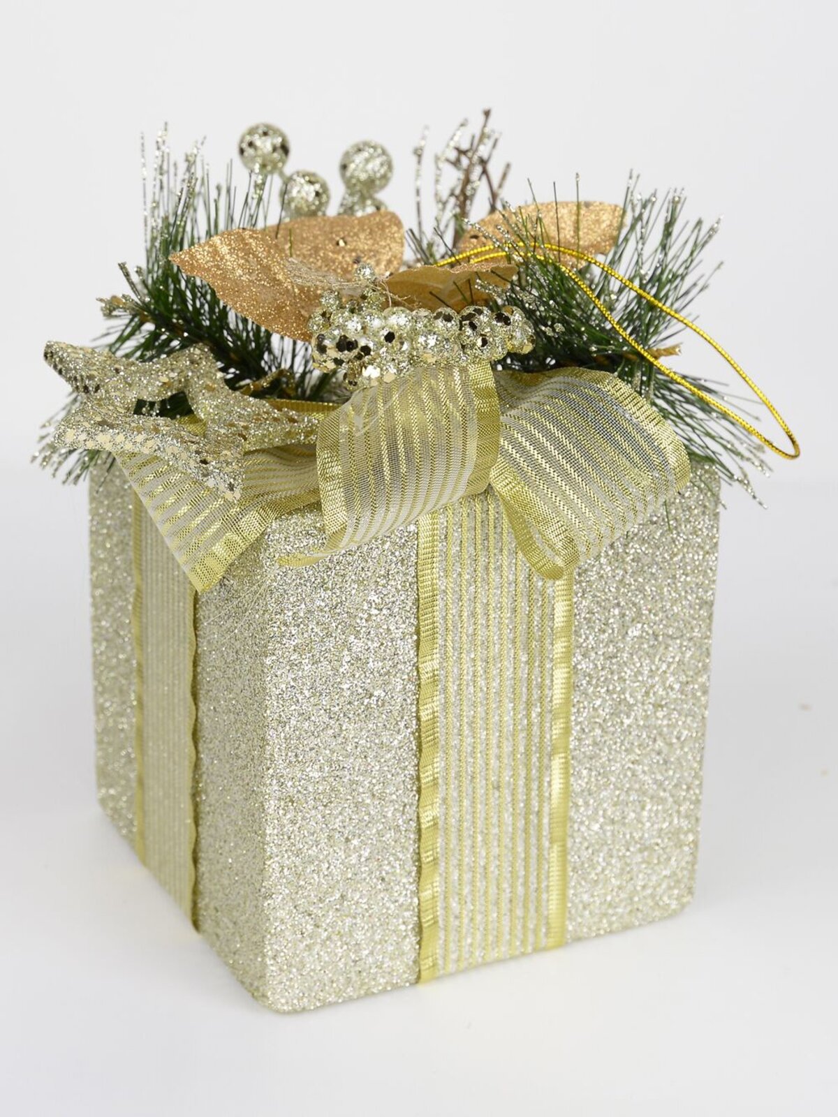 Gift Box Hanging Ornament in Champagne with Greenery - 17cm