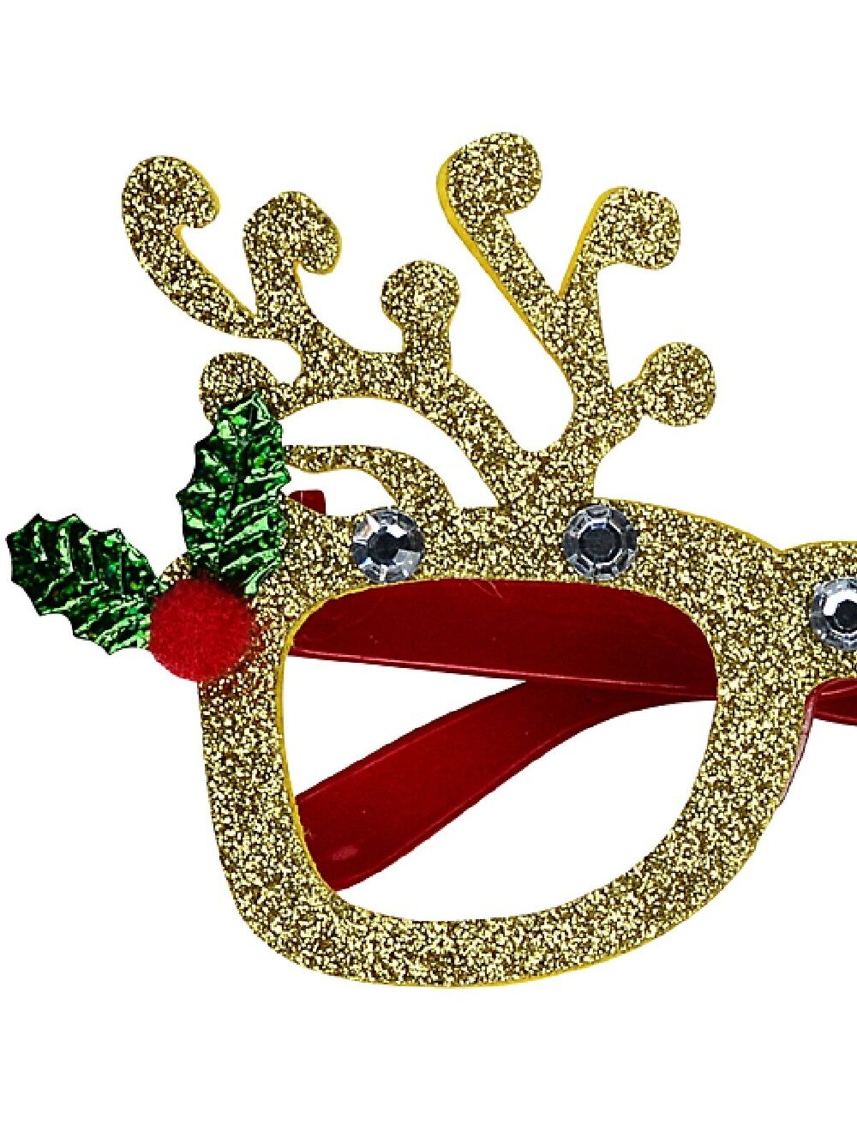 Gold Glitter Reindeer Antler Glasses With Diamante & Holly | One Size Fits Most
