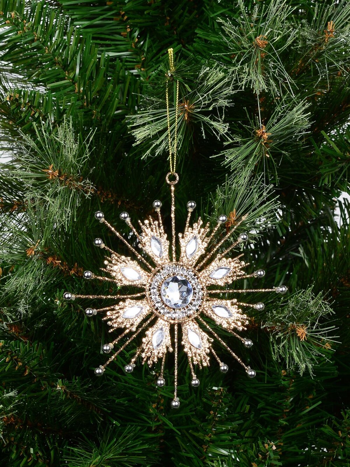Gold Glitter Snowflake With Encrusted Diamante Hanging Ornament - 14cm