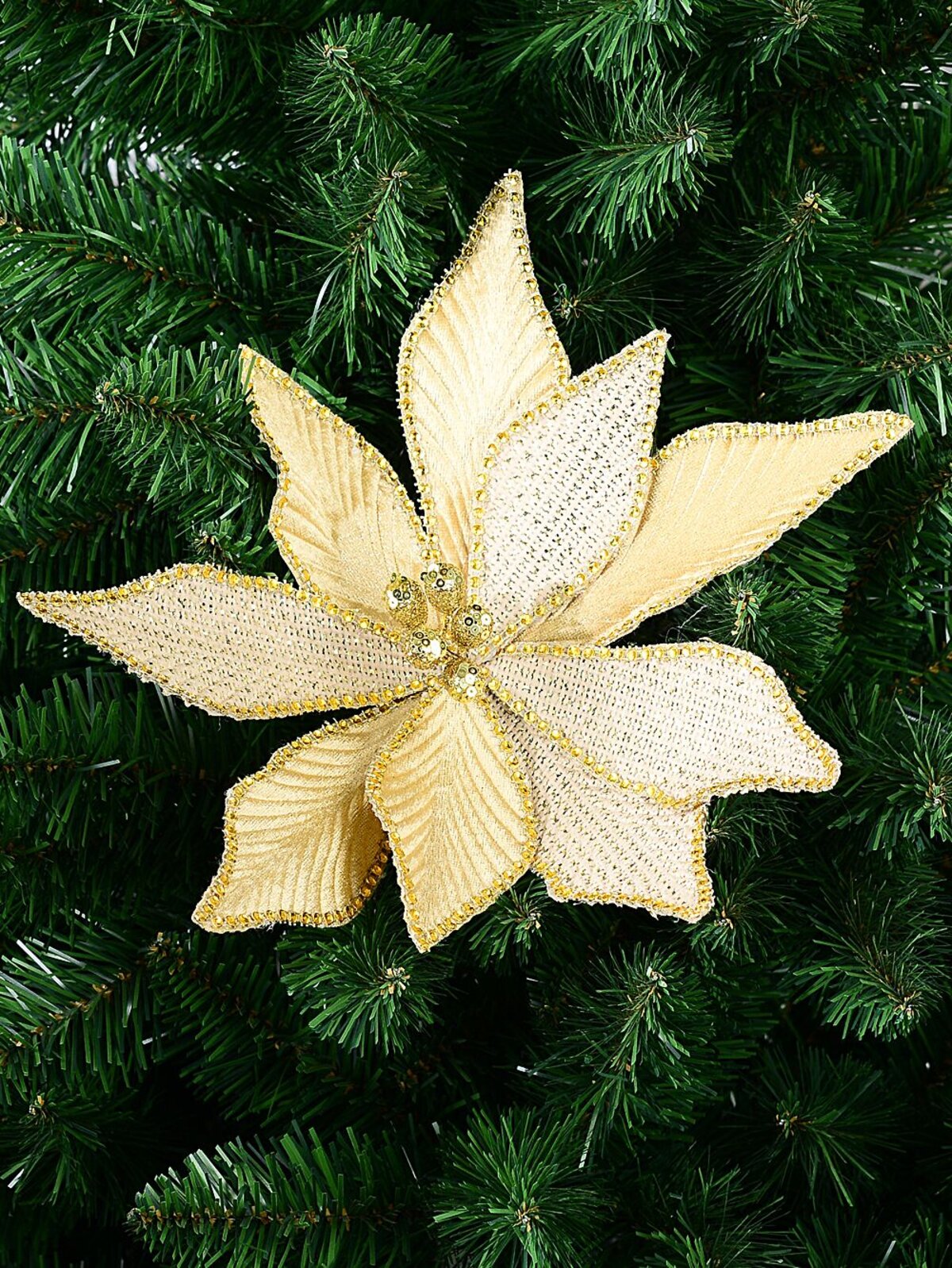 Gold Velvet & Natural With Diamantes Poinsettia Christmas Tree Clip Pick | 30cm — image 2