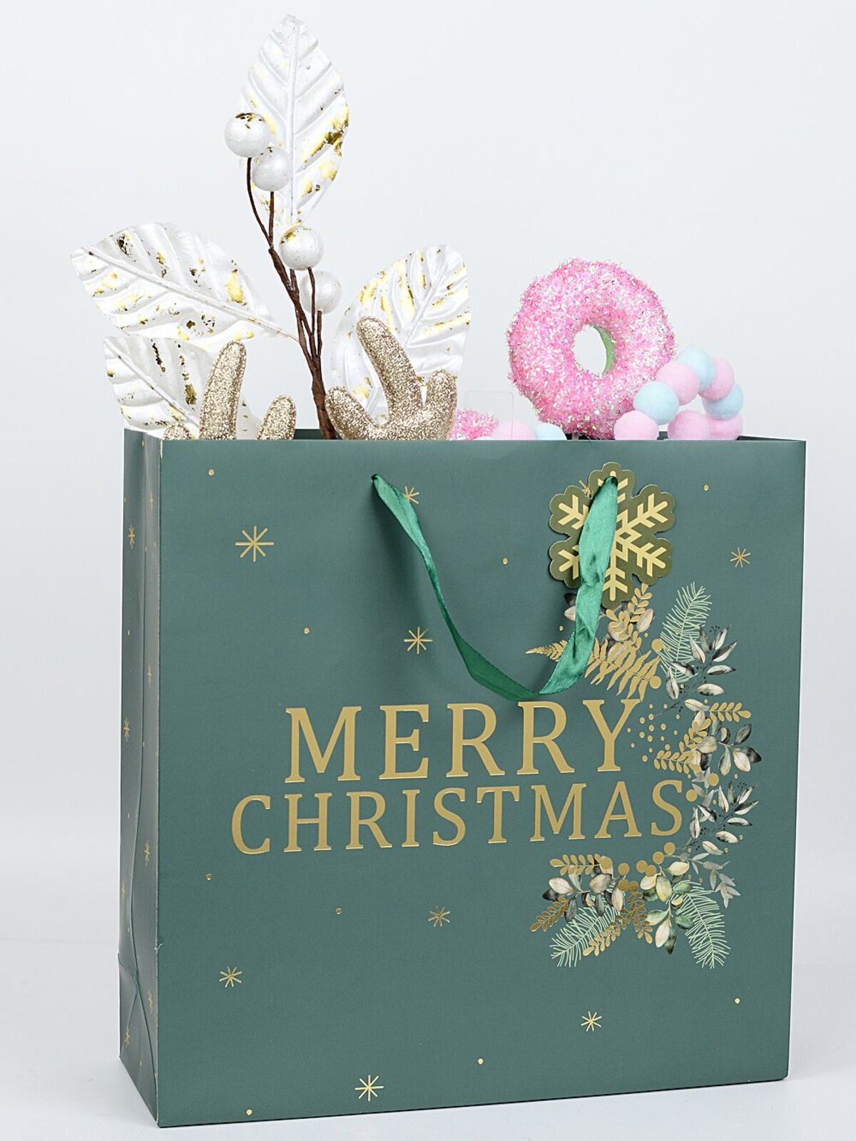 Large Green Merry Christmas & Foliage Gift Bag With Gold Foil | 35cm — image 2