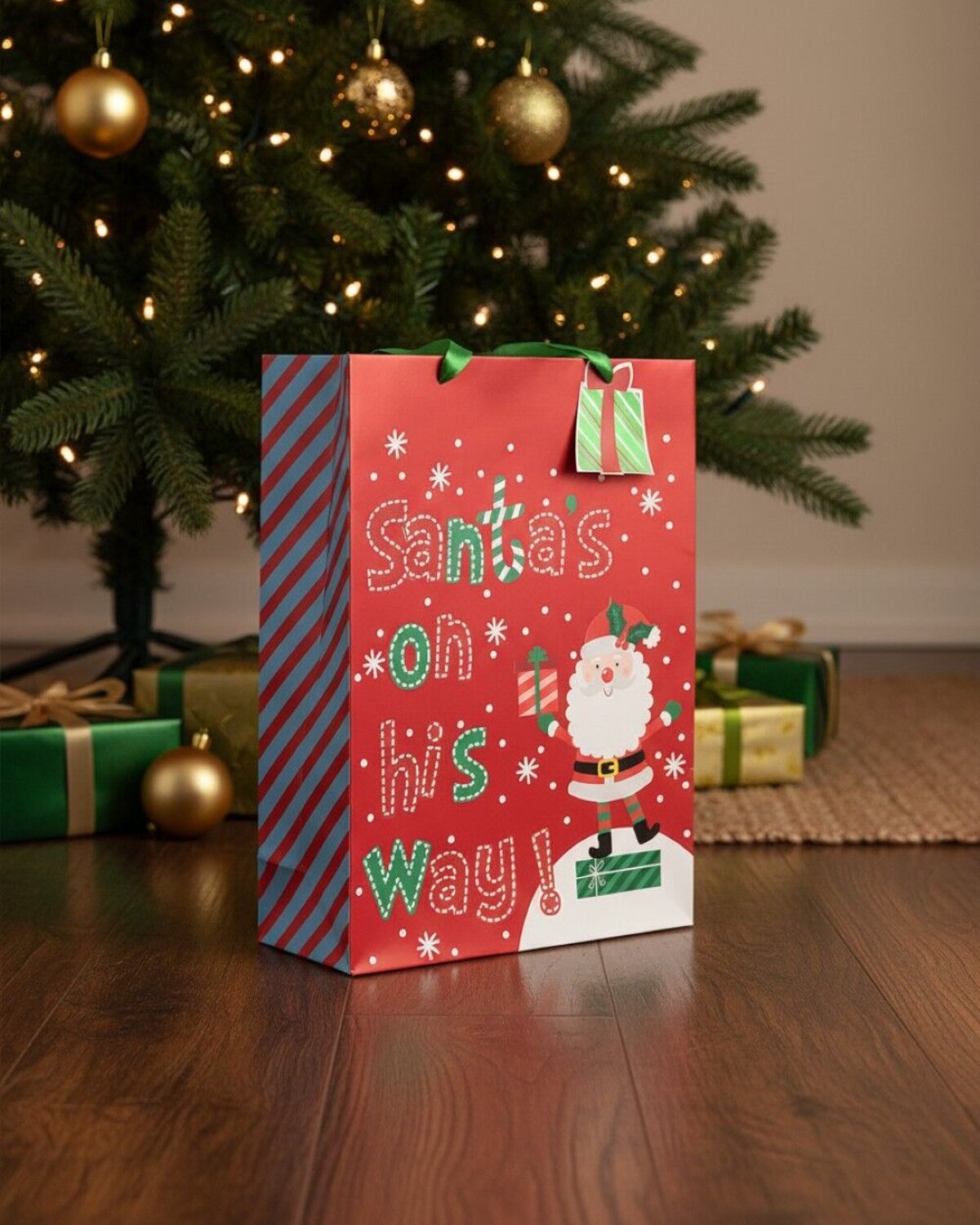 Large Red Santa's On His Way Christmas Gift Bag With Gloss | 42cm — image 3