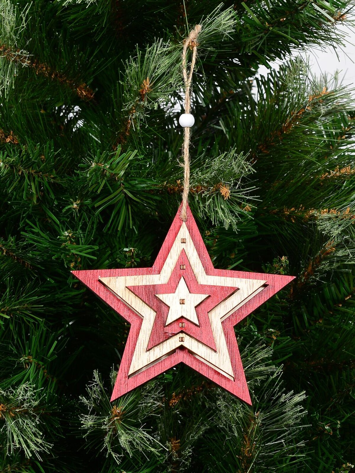 Natural & Red Layered Wood Star Christmas Tree Hanging Decoration - 15cm — image 4