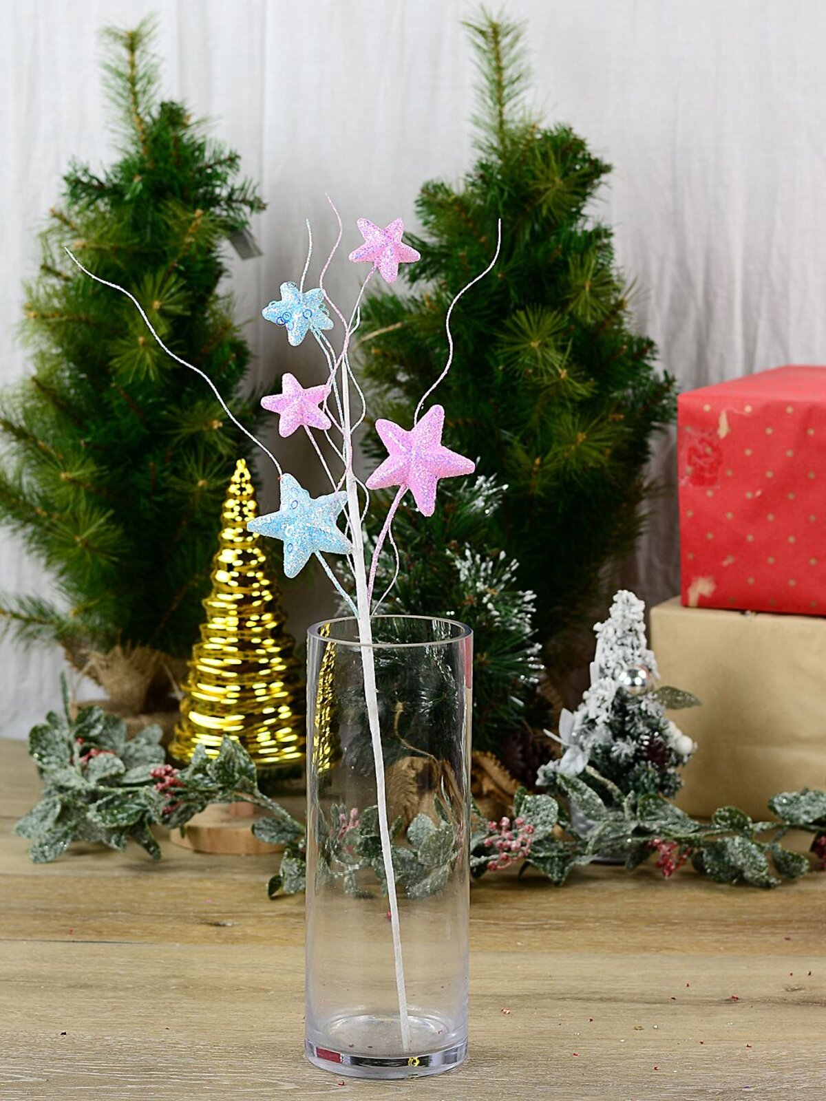 Pastel Pink & Blue Stars On Wavy Willow Spray Long Christmas Stem | 53cm — image 2