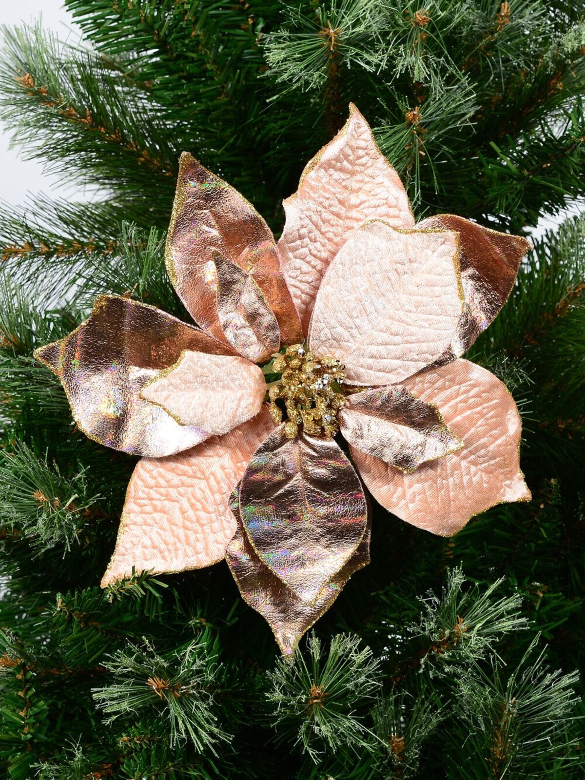Pink Shiny & Matte Petal Poinsettia Christmas Flower Clip  Pick - 28cm Wide — image 4