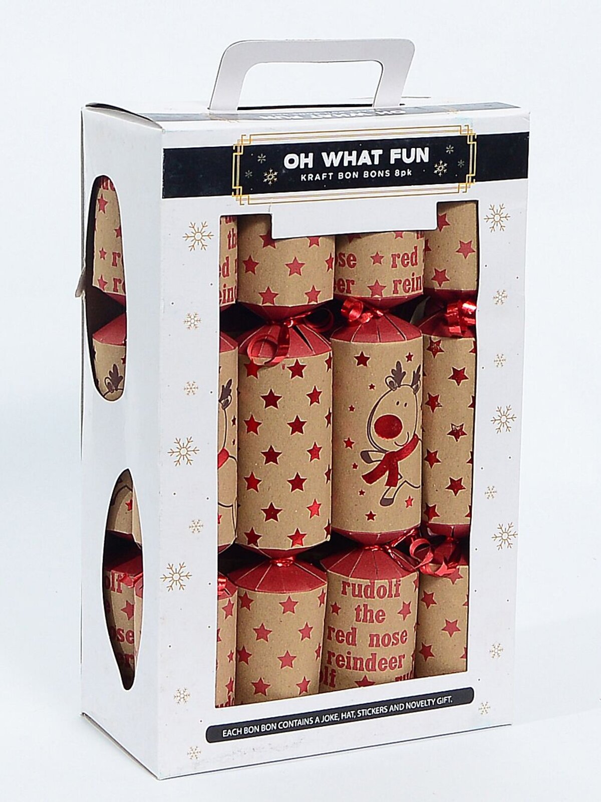 Red & Brown Stars & Cute Reindeer Kraft Christmas Cracker Bon Bons - 8 x 30cm