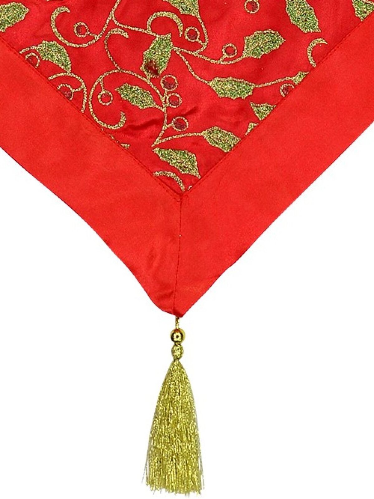 Red Christmas Table Runner With Green Holly Leaf Design &amp; Gold Tassel - 1.4m — image 3