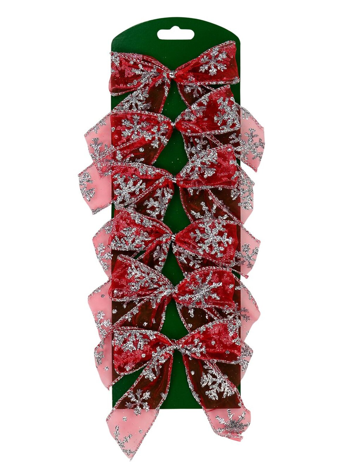 Red Christmas Tree Bow Decorations With Silver Glitter Snowflakes - 6 x 12cm