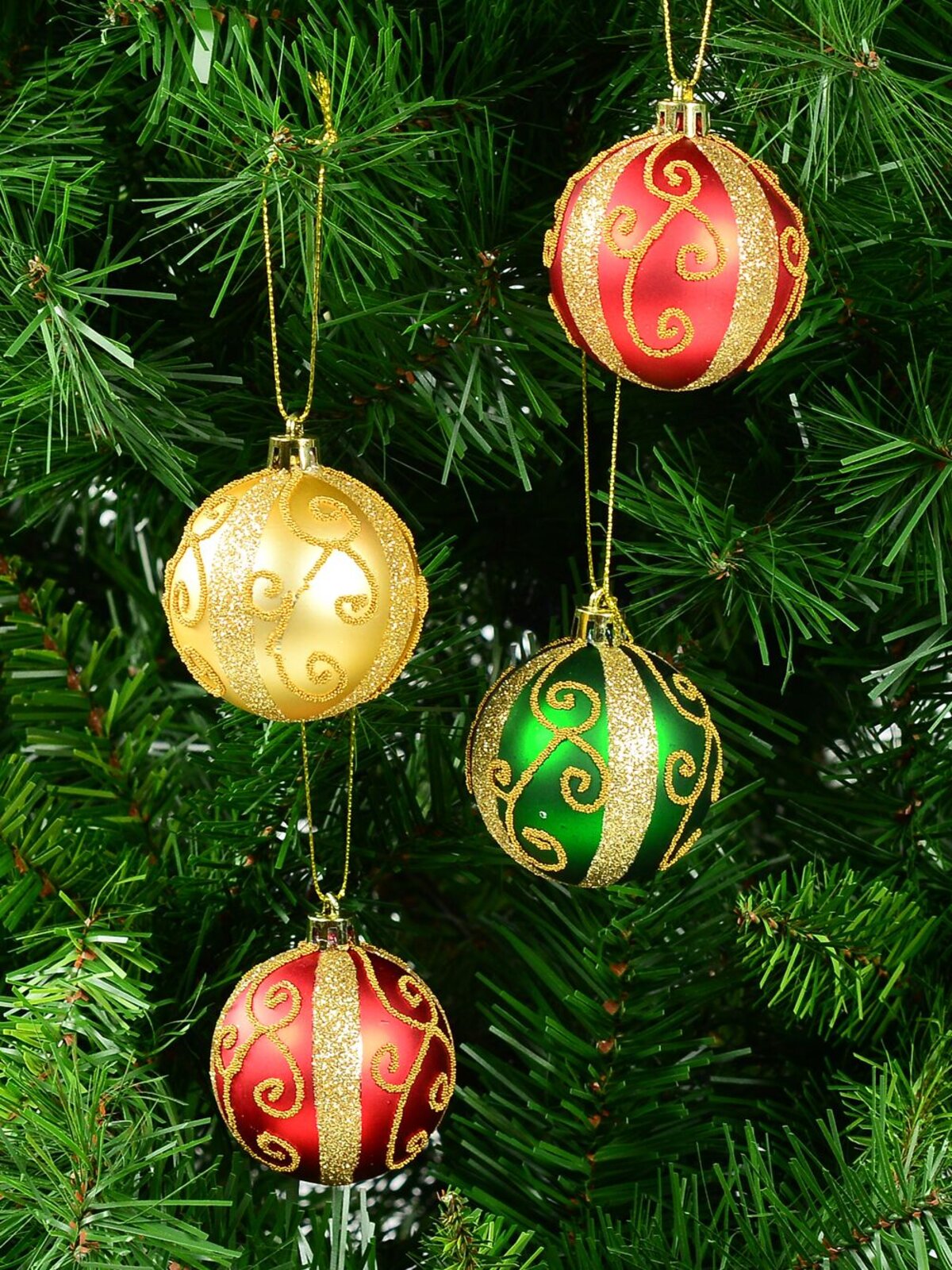 Red, Green & Gold Baubles With Gold Filigree Pattern & Thick Stripe - 6 x 60mm — image 6