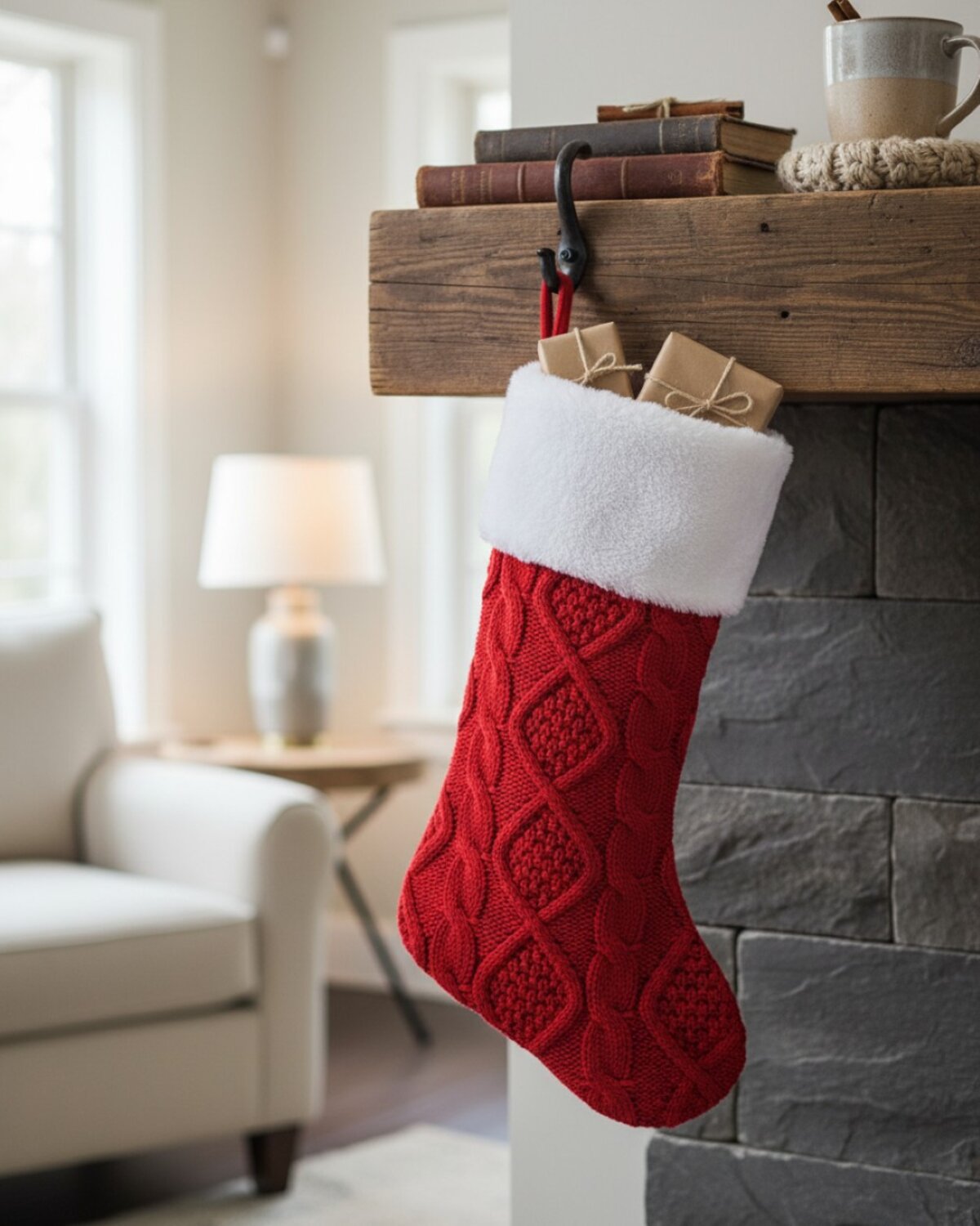 Red Twisted & Trellis Cable Knit Look Christmas Stocking With Faux Fur | 48cm — image 3