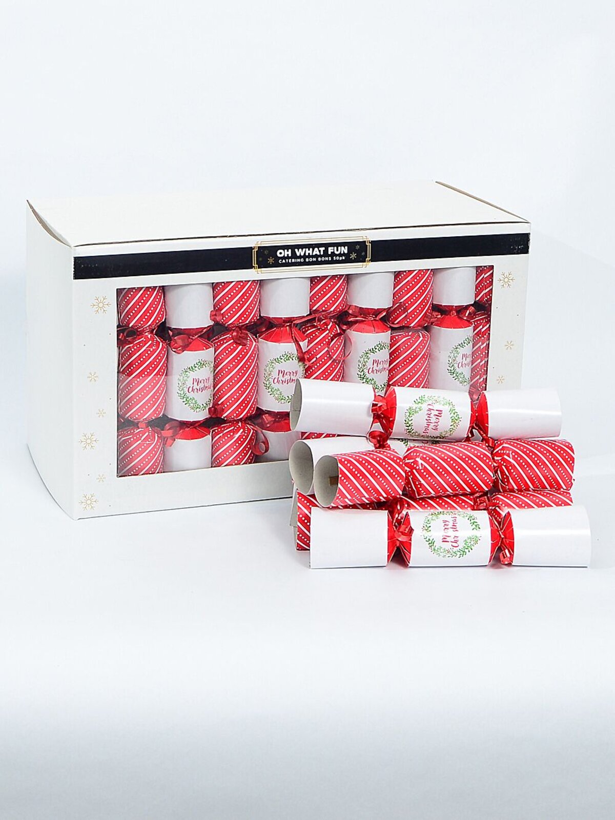 Red & White With Stripes & Wreaths Christmas Cracker Bon Bons - 50 x 22cm