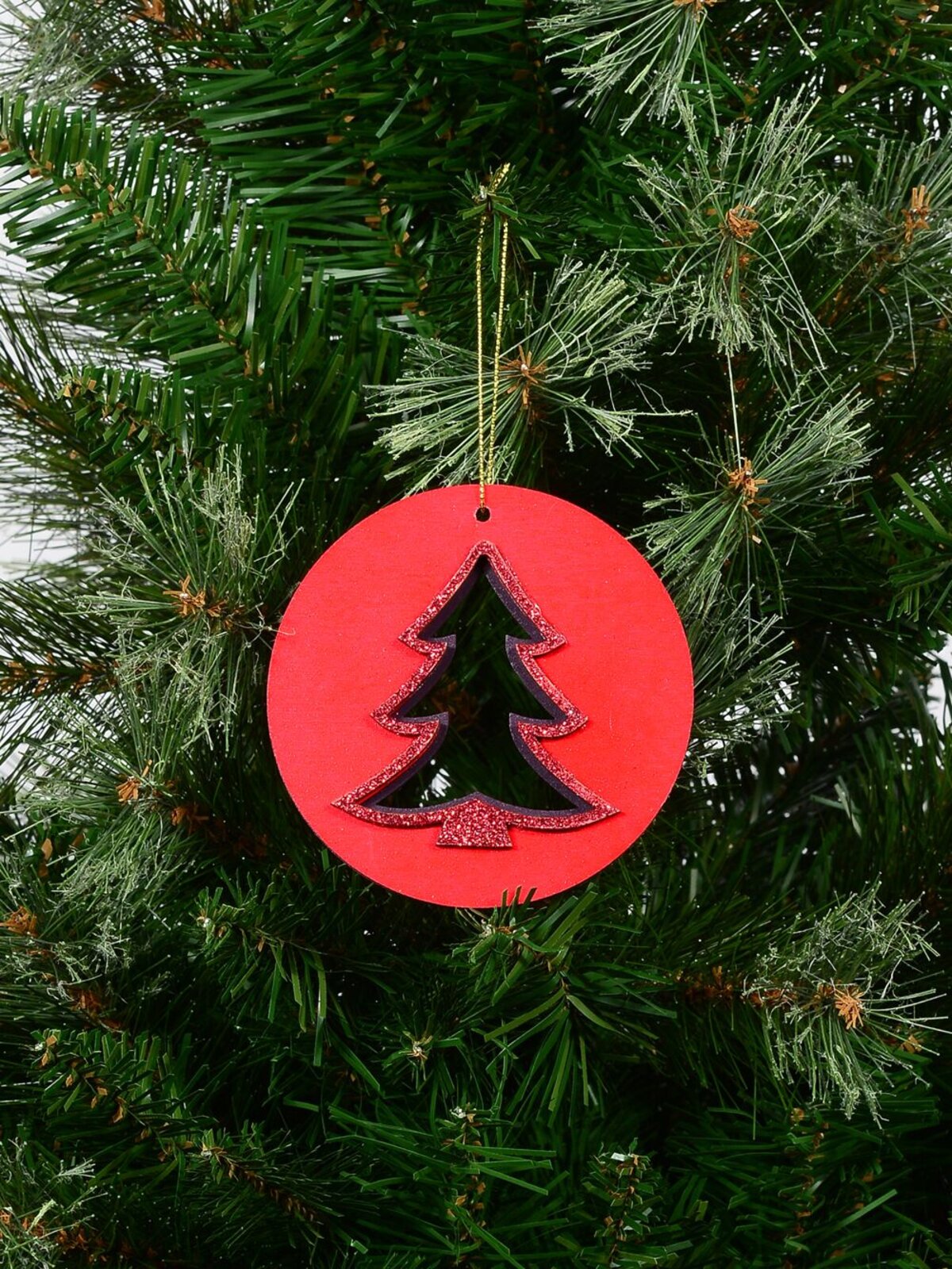 Red Wood Christmas Tree Silhouette Medallion Hanging Decoration - 10cm — image 3
