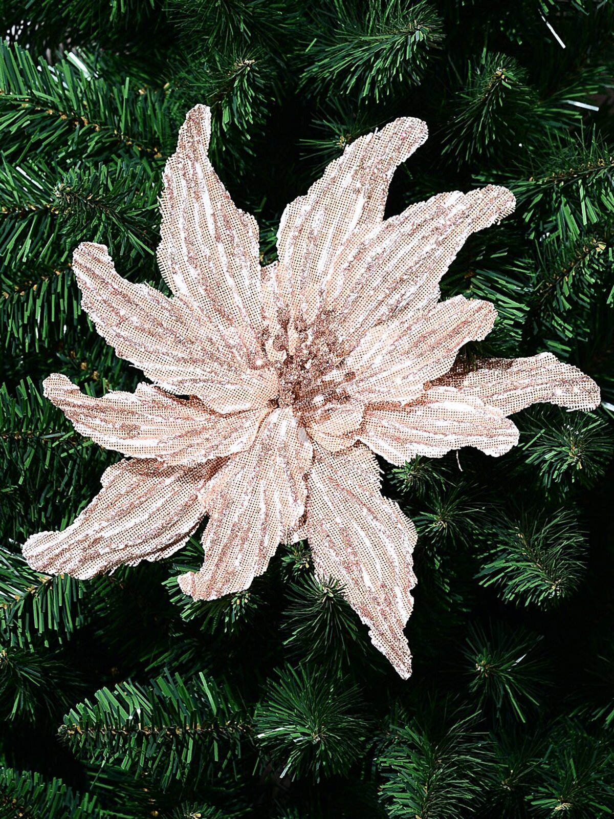 Rose Gold Textured & Glitter Mesh Poinsettia Christmas Tree Clip Pick | 28cm — image 2