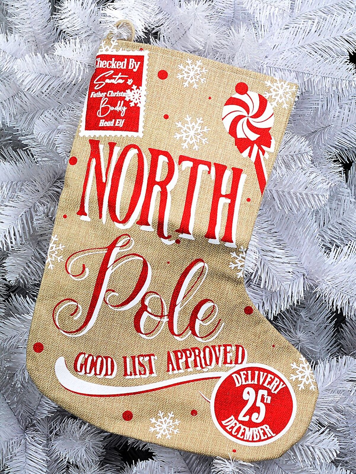 Rustic Jute North Pole Good List Approved Christmas Stocking | 50cm — image 2