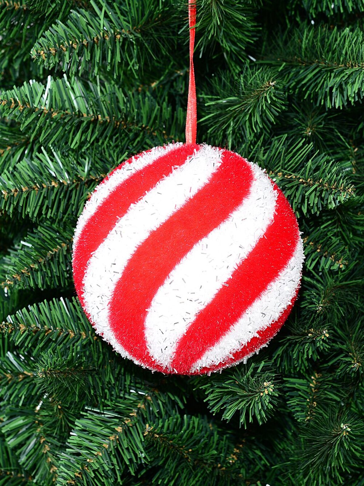Whimsical Red & White Grand Flocked Candy Swirl Bauble | 15cm — image 2