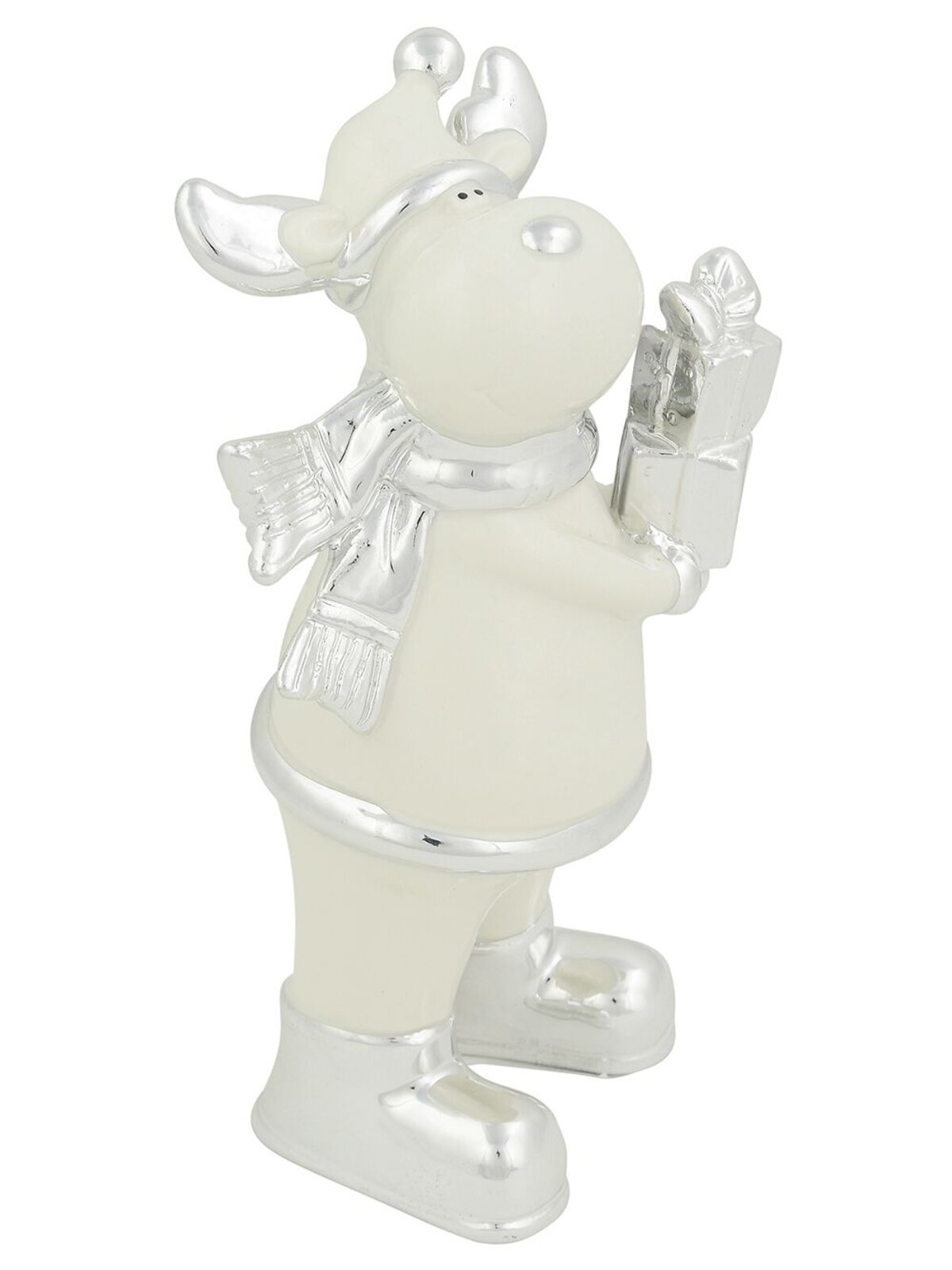 White Ceramic Standing Reindeer With Present Ornament - 21cm