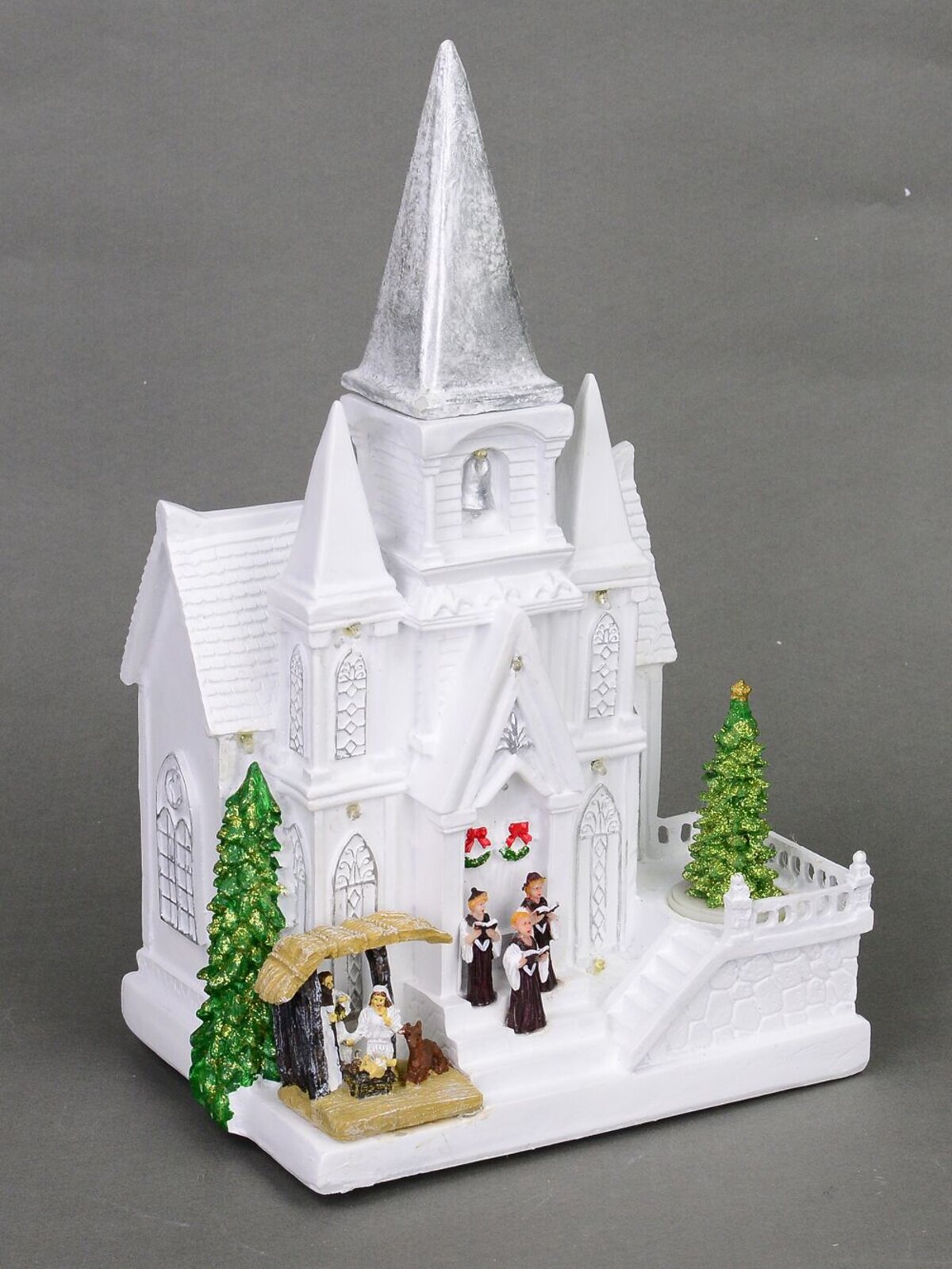 White Church With Revolving Christmas Tree - 37cm