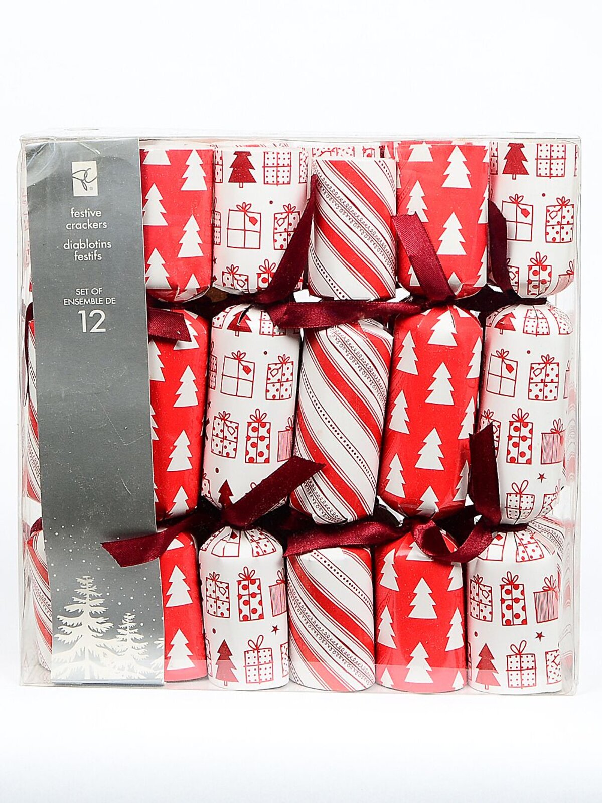 White & Red With Stripes, Trees & Gifts Christmas Cracker Bon Bons - 12 x 25cm — image 2