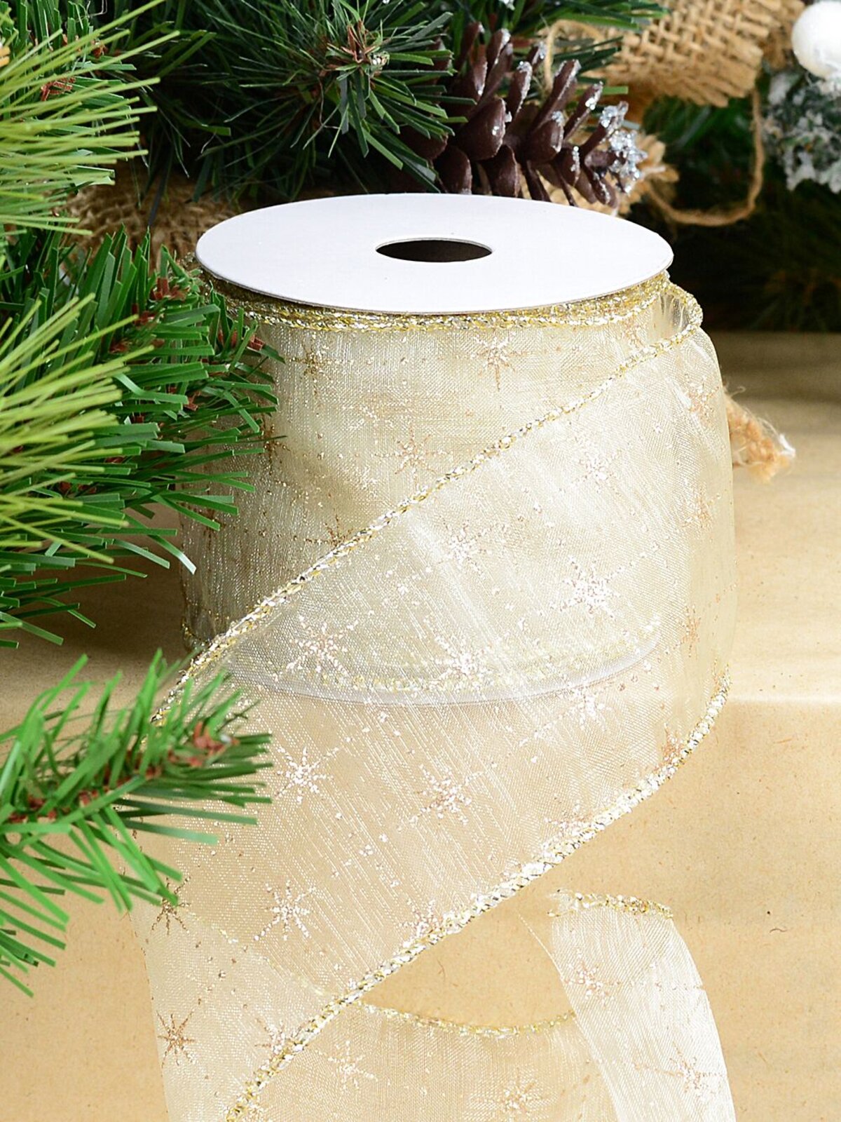 Wired Cream Sheer Christmas Ribbon Gold Bethlehem Stars | 3m x 63mm — image 2