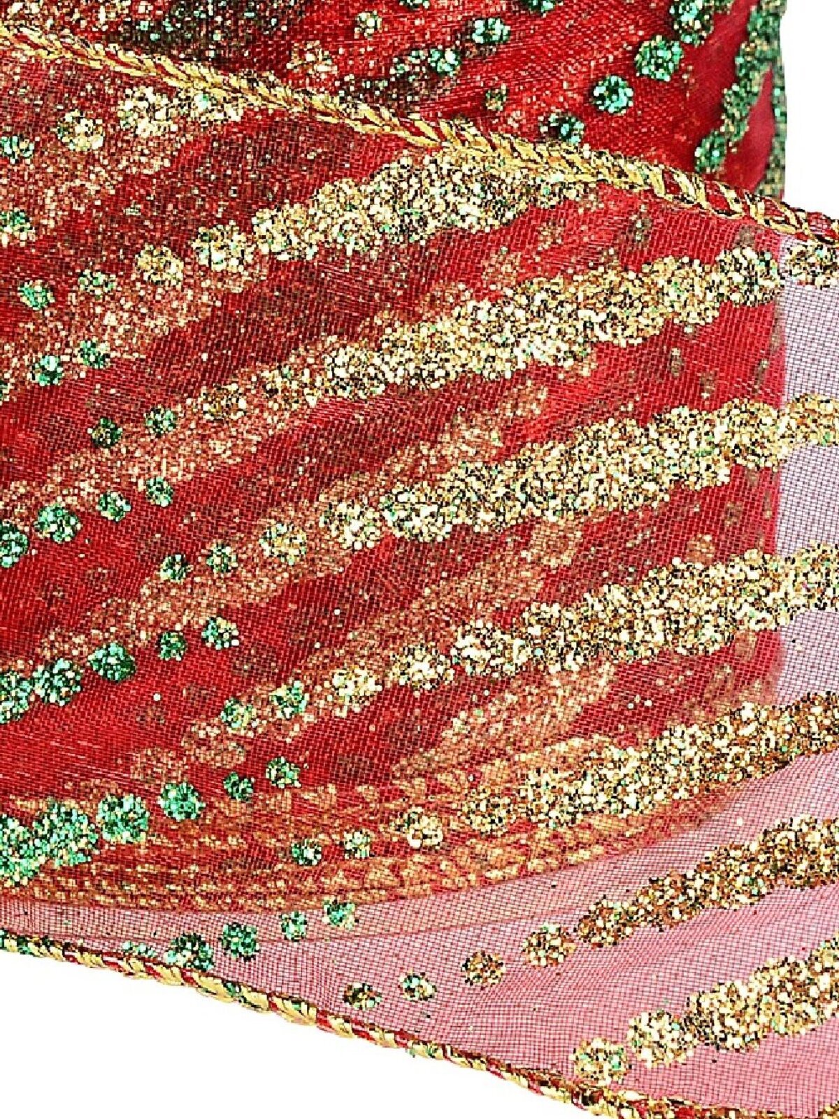 Wired Red Sheer Christmas Ribbon Gold & Green Tapered Lines | 9m x 63mm — image 3