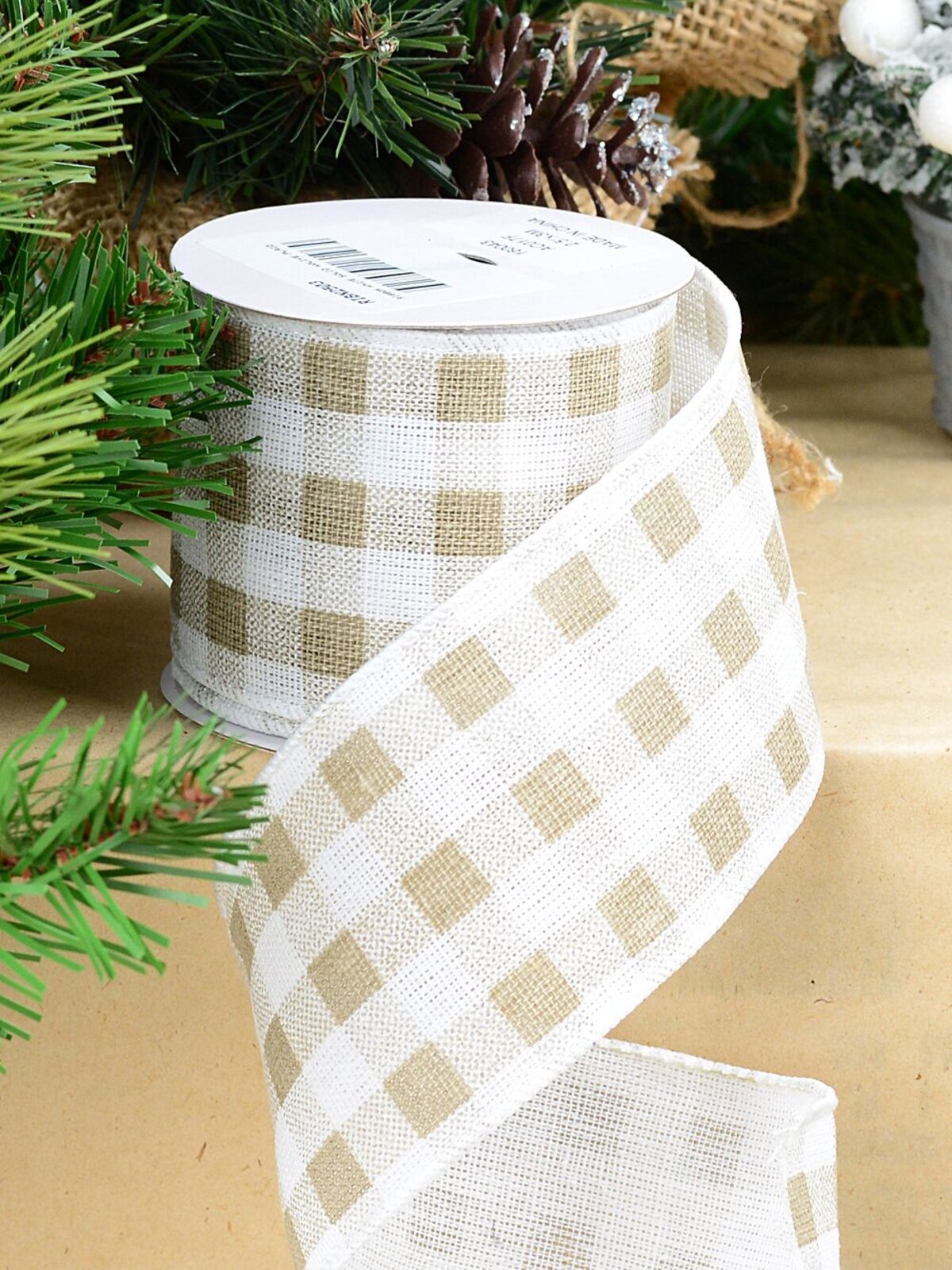 Wired White Hessian Ribbon With Olive Green Tartan | 3m x 63mm — image 2