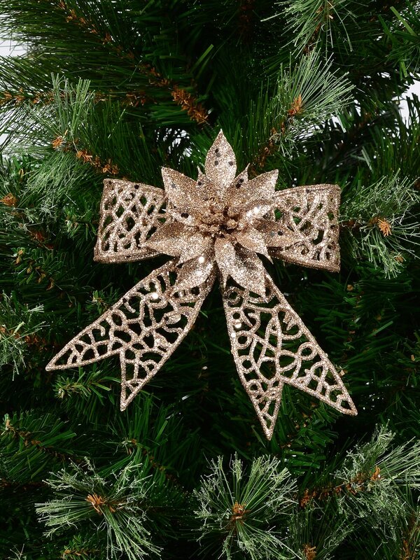 Champagne Mesh Poinsettia Flower & Ribbon Christmas Bow Clip Pick | 13cm — image 2