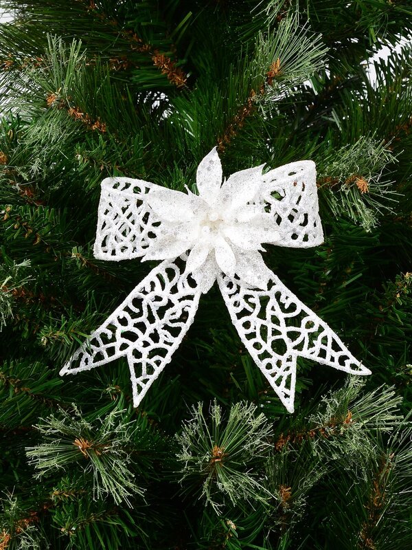 Iridescent Mesh Poinsettia Flower & Ribbon Christmas Bow Clip Pick | 13cm — image 2