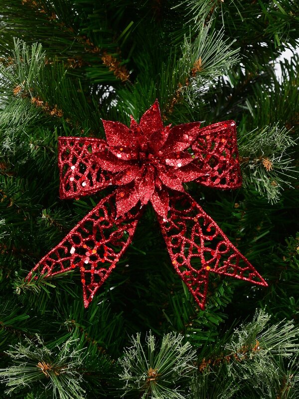 Red Mesh Poinsettia Flower & Ribbon Christmas Bow Clip Pick | 13cm — image 2