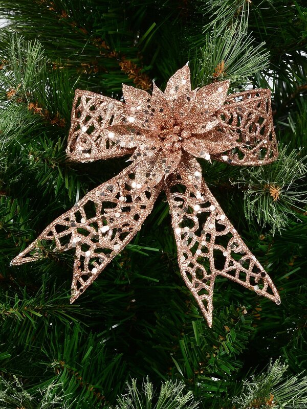 Rose Gold Mesh Poinsettia Flower & Ribbon Christmas Bow Clip Pick | 13cm — image 2