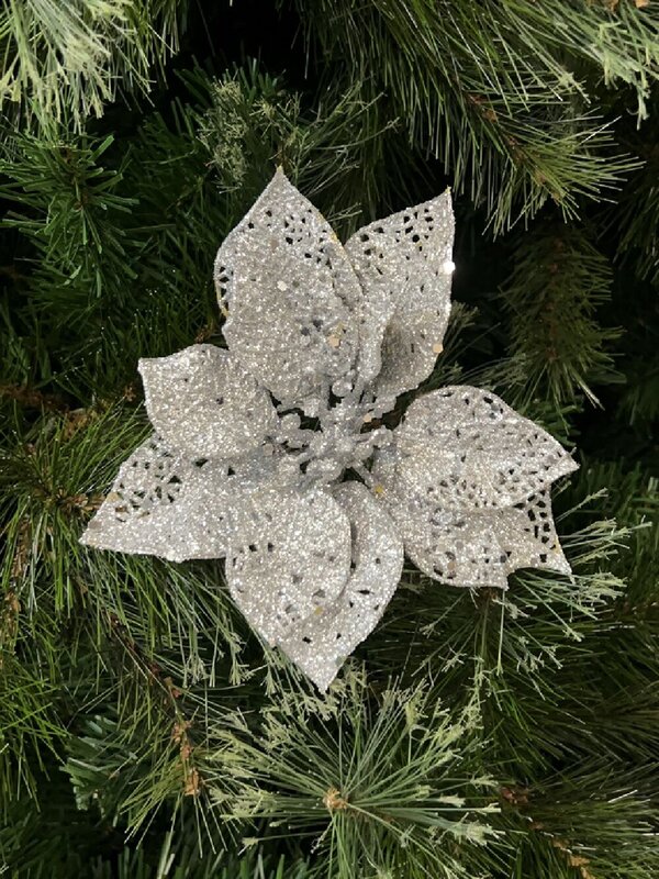 Silver Perforated Petal Poinsettia Christmas Tree Stem Pick | 17cm — image 2