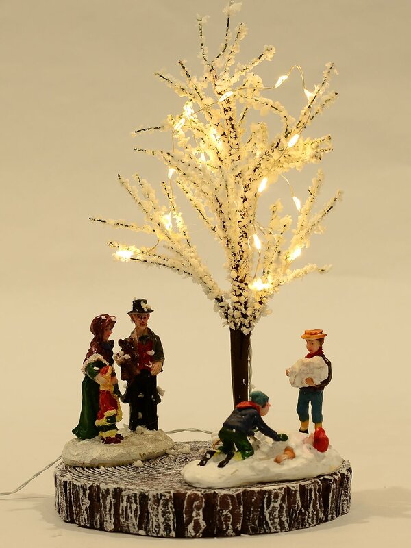 18cm Family Fun In Snow With LEDs In Tree Battery Christmas Village Scene — image 2