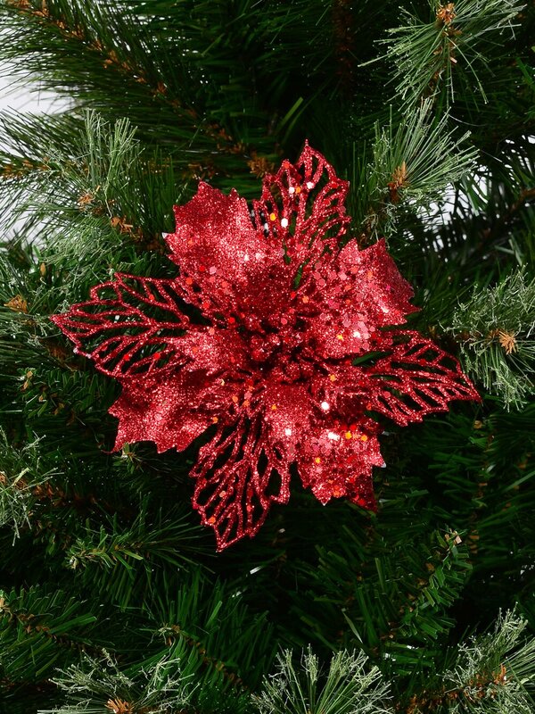 Red Poinsettia Bract & Leaf Christmas Tree Clip Pick | 18cm — image 2