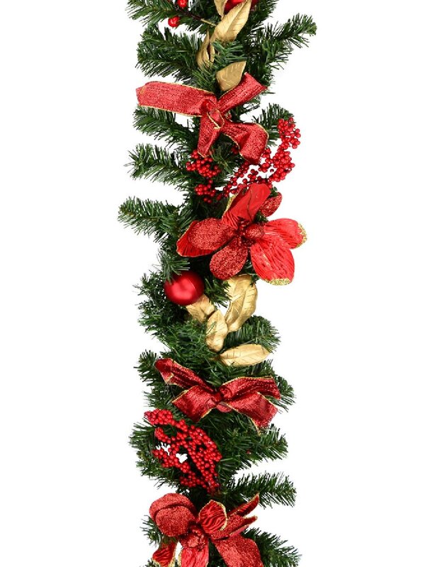 1.8m Decorated Red Poinsettia & Berry Garland | Gold Leaves & Baubles — image 3